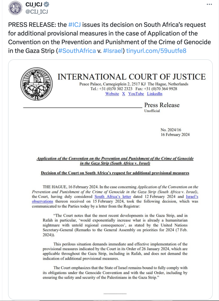 ICJ Tweet February 17 - X Republished from Common Dreams