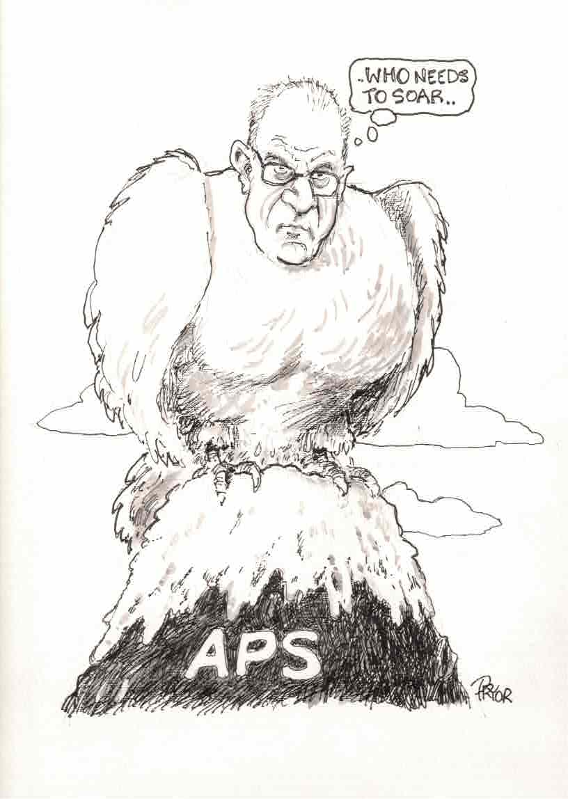 Geoff Pryor draws a caricature of Pezzullo atop on the APS.
